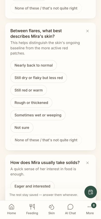 Invented Mira account showing the interview question about skin between flares and its explanation that baseline skin helps distinguish it from active patches.